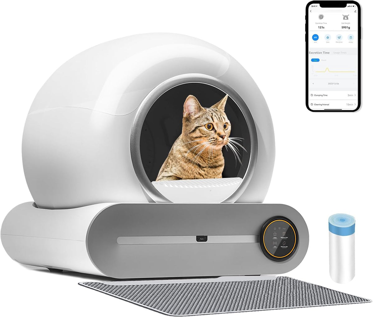 Self-Cleaning Cat Litter Box with APP, Automatic Litter Box for Your Cats, Odor Removal, Safety Protection, Large Bin Capacity Low Noise Litter Box